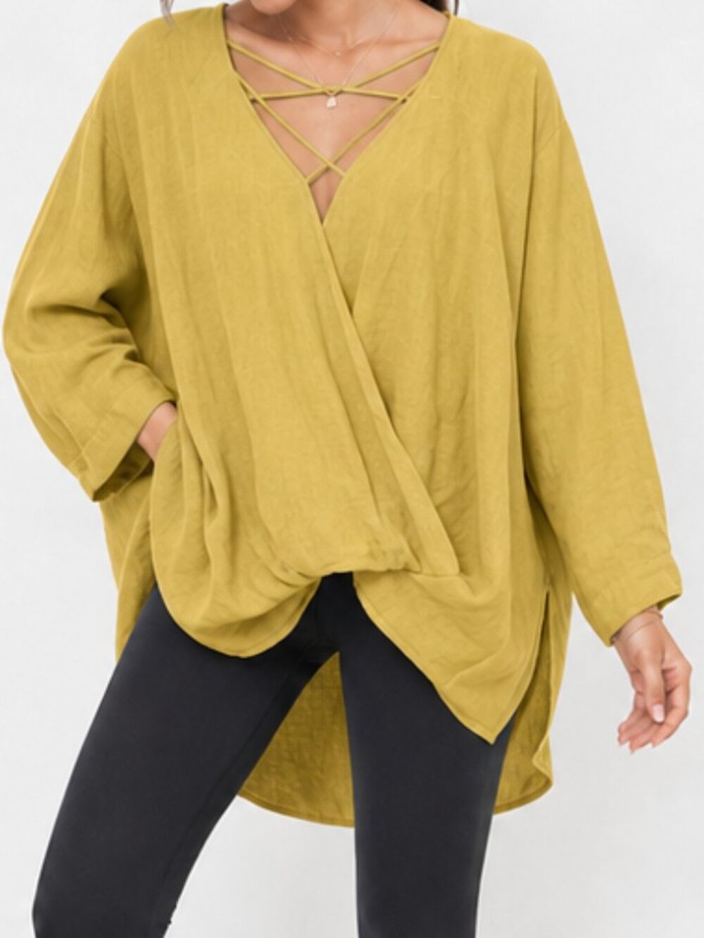 Alythea Yellow NWT Medium Surplice Strappy Chest Oversized Long Sleeve Top Blous